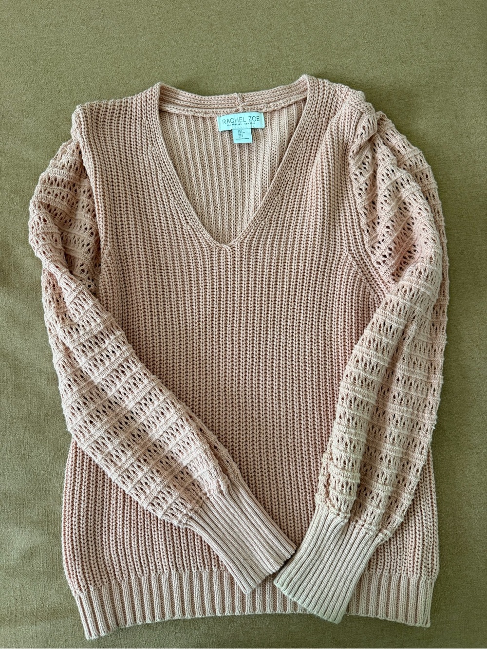 Rachel Zoe Blush V-Neck Open-Knit Sleeve Sweater